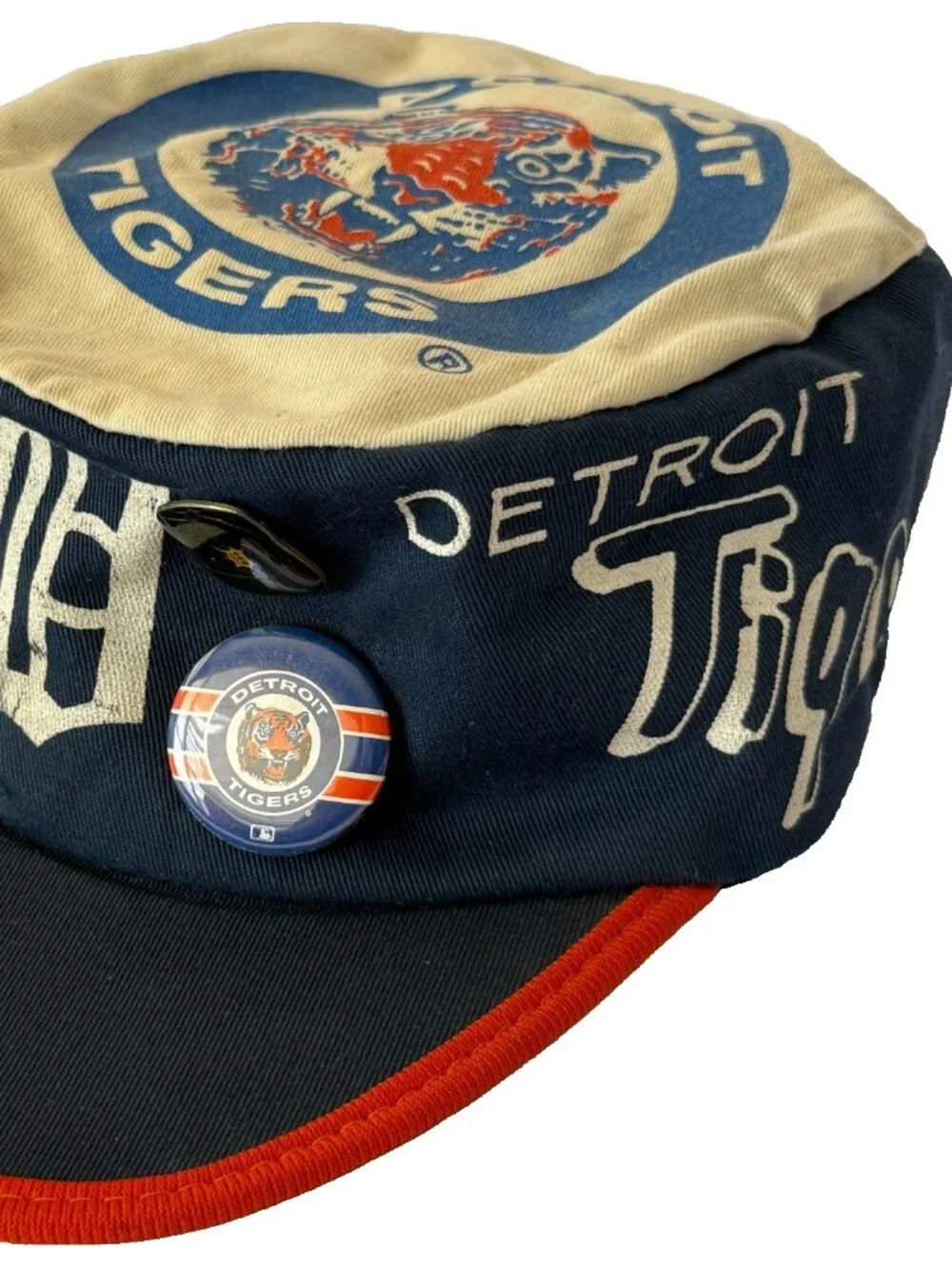 VINTAGE 80s DETROIT TIGERS CAP HAT MENS S/M MLB BASEBALL PIN BUTTON MADE IN USA